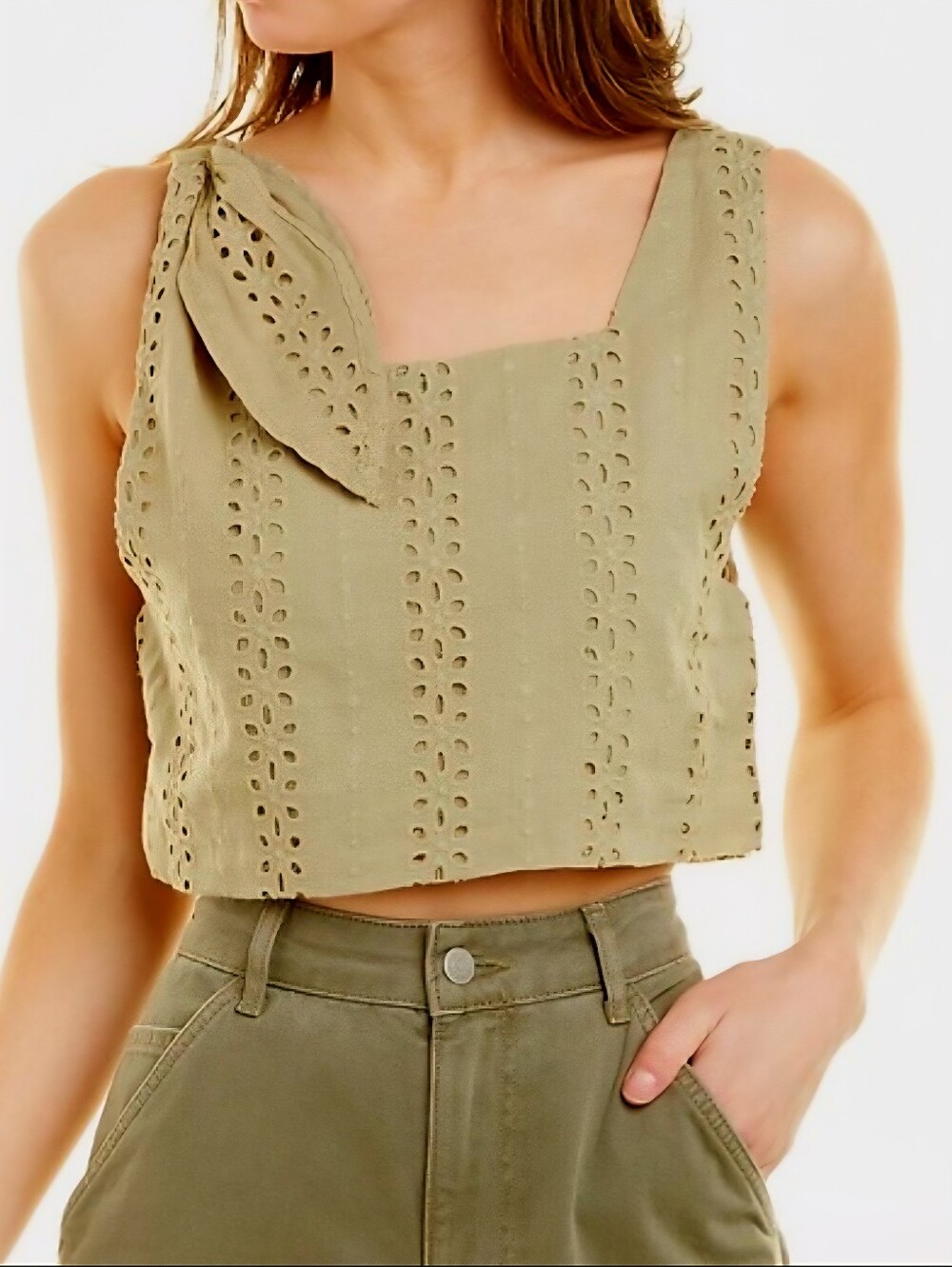 Zara Olive Eyelet Tie-Shoulder Cropped Camisole